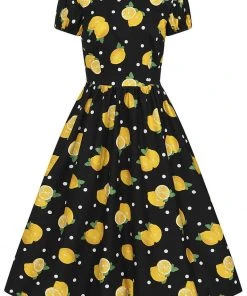 New In Collectif Demira Polka Lemon 50's Swing Dress Black