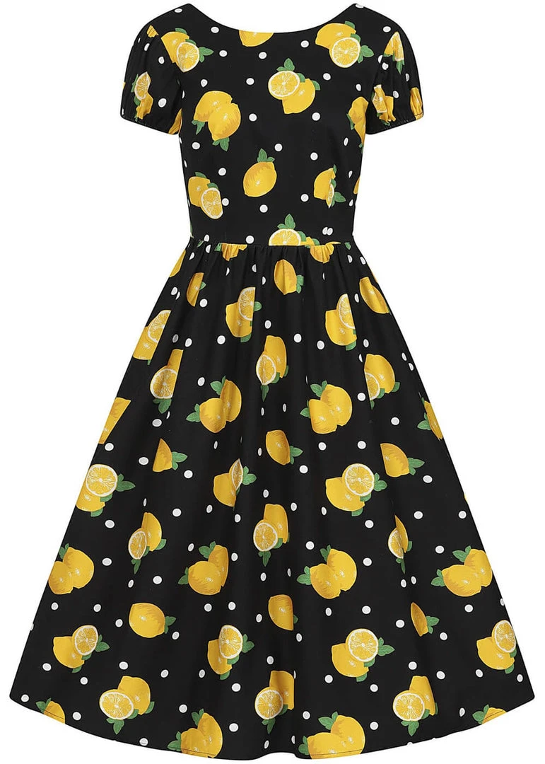 New In Collectif Demira Polka Lemon 50's Swing Dress Black