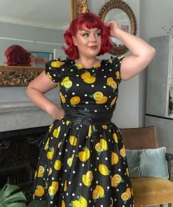New In Collectif Demira Polka Lemon 50's Swing Dress Black