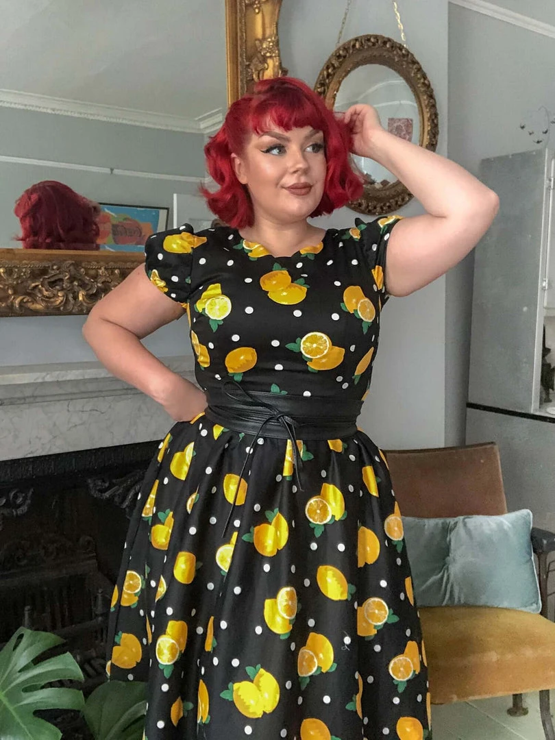 New In Collectif Demira Polka Lemon 50's Swing Dress Black