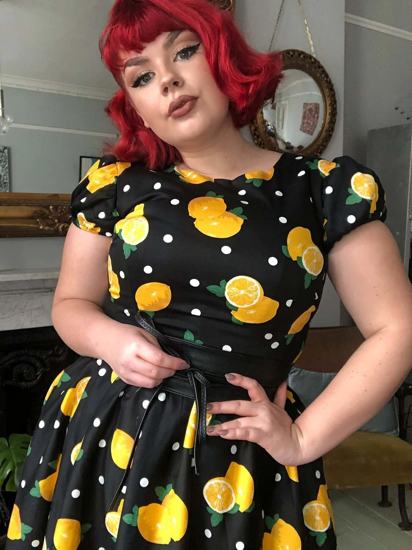 New In Collectif Demira Polka Lemon 50's Swing Dress Black