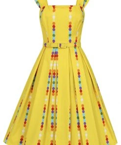 New In Collectif Jill Rainbow Polka Stripe 50's Swing Dress Yellow