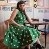 Collectif Hepburn Painted Polka 50's Swing Dress Green