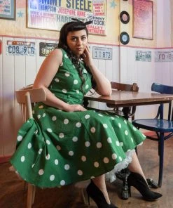 Collectif Hepburn Painted Polka 50's Swing Dress Green