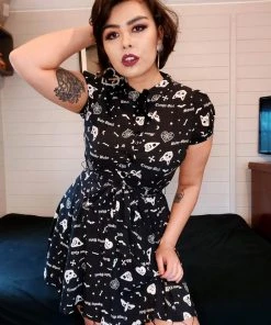 New In Collectif Mary Grace Creepy Girl 80's Skater Dress Black