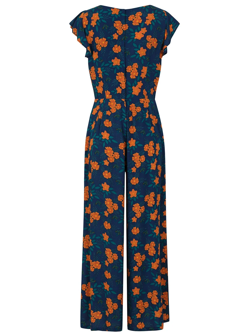 New In Collectif Thelma Flora 70's Jumpsuit In Navy