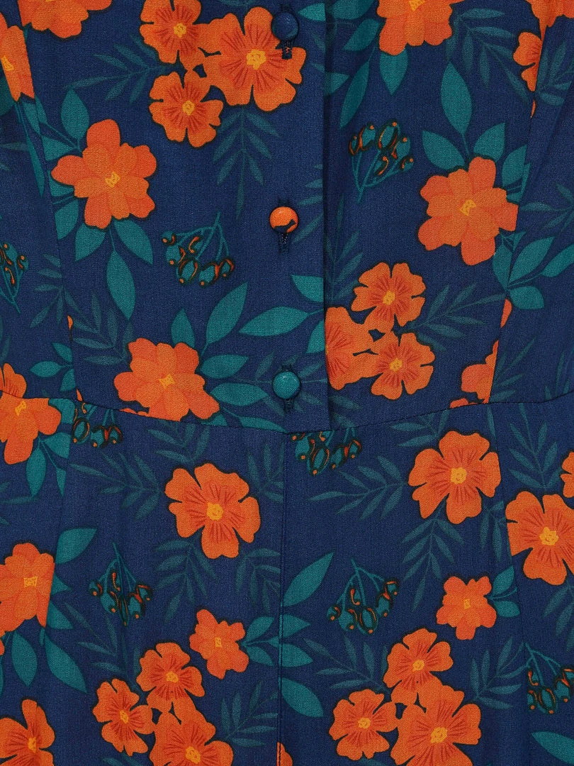 New In Collectif Thelma Flora 70's Jumpsuit In Navy