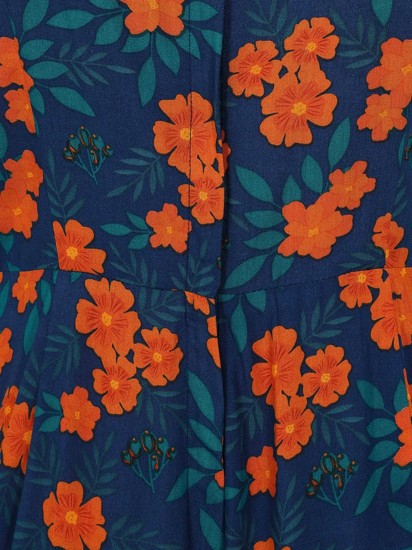 New In Collectif Thelma Flora 70's Jumpsuit In Navy