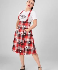 New In Collectif Alexa Heart Gingham 50's Swing Skirt Red