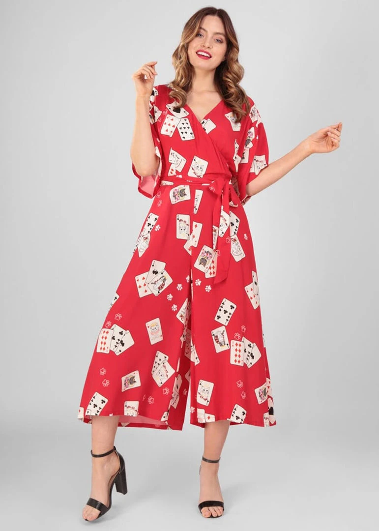 New In Collectif Akiko Cat Croupier 40's Jumpsuit Red