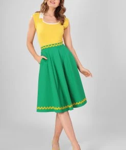 Collectif Matilde Banana Trim 50's Swing Skirt Green New In