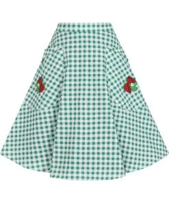 New In Collectif Veronica Strawberry Gingham 40's Swing Skirt Green