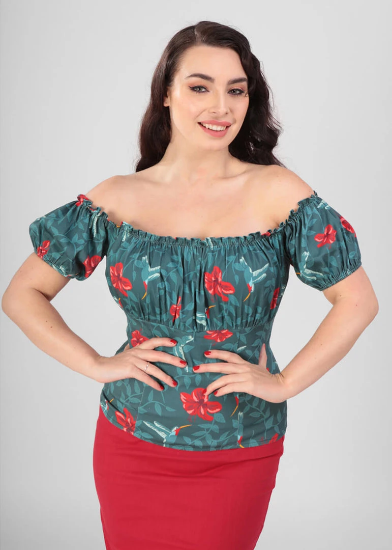 New In Collectif Viviana 50's Hummingbird Eden Top Teal