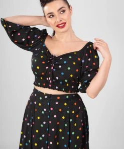 Collectif Stevie Rainbow Polka Dot 60's Top Black New In