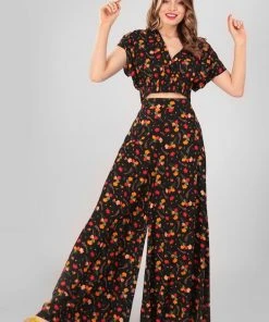 Collectif Akiko Ditsy Tulip Bloom 70's Trousers Black