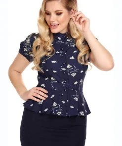New In Collectif Mary Grace Romantic Bouquet 40's Blouse Navy Blue