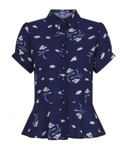 New In Collectif Mary Grace Romantic Bouquet 40's Blouse Navy Blue