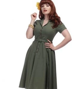 Collectif Caterina Vintage 40's Swing Dress Olive New In