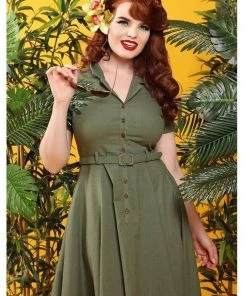Collectif Caterina Vintage 40's Swing Dress Olive New In