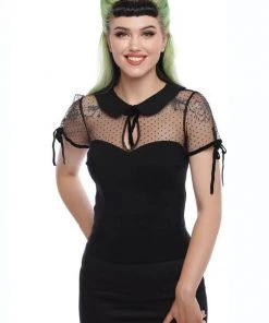 Collectif Kitten Polkadot Mesh 50's Top Black