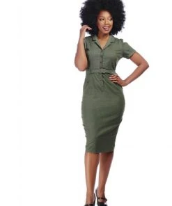 Collectif Caterina Vintage 40's Pencil Dress Olive New In