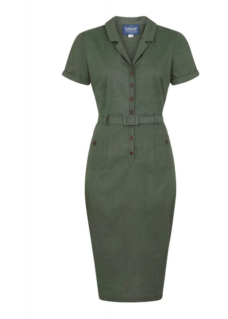 Collectif Caterina Vintage 40's Pencil Dress Olive New In