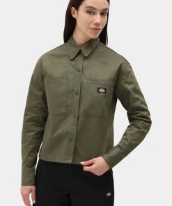 New In Dickies Womens Chokio Herringbone Shirt Military Green