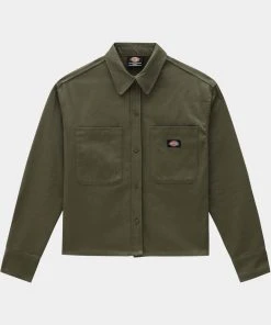 New In Dickies Womens Chokio Herringbone Shirt Military Green