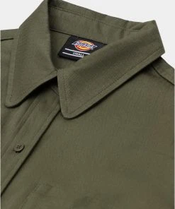 New In Dickies Womens Chokio Herringbone Shirt Military Green