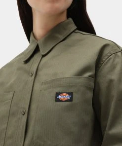 New In Dickies Womens Chokio Herringbone Shirt Military Green