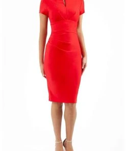 New In Diva Catwalk Donna Short Sleeves 50's Pencil Dress Electric Red