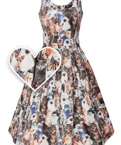 Dolly & Dotty Amanda Furry Cat 50's Swing Dress Multi New In