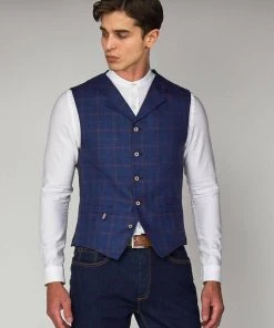 New In Gibson London Rupert Linnen Waistcoat Blue