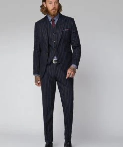 Gibson London Christopher Chalk Stripe Trousers Navy