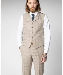 New In Gibson London Stefan Check Tweed Waistcoat Stone