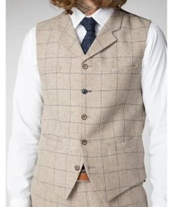 New In Gibson London Stefan Check Tweed Waistcoat Stone