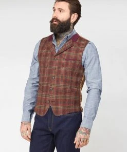 Gibson London Jason Check Waistcoat Orange New In