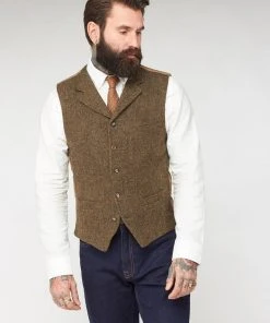 New In Gibson London Freddy Herringbone Waistcoat Brown