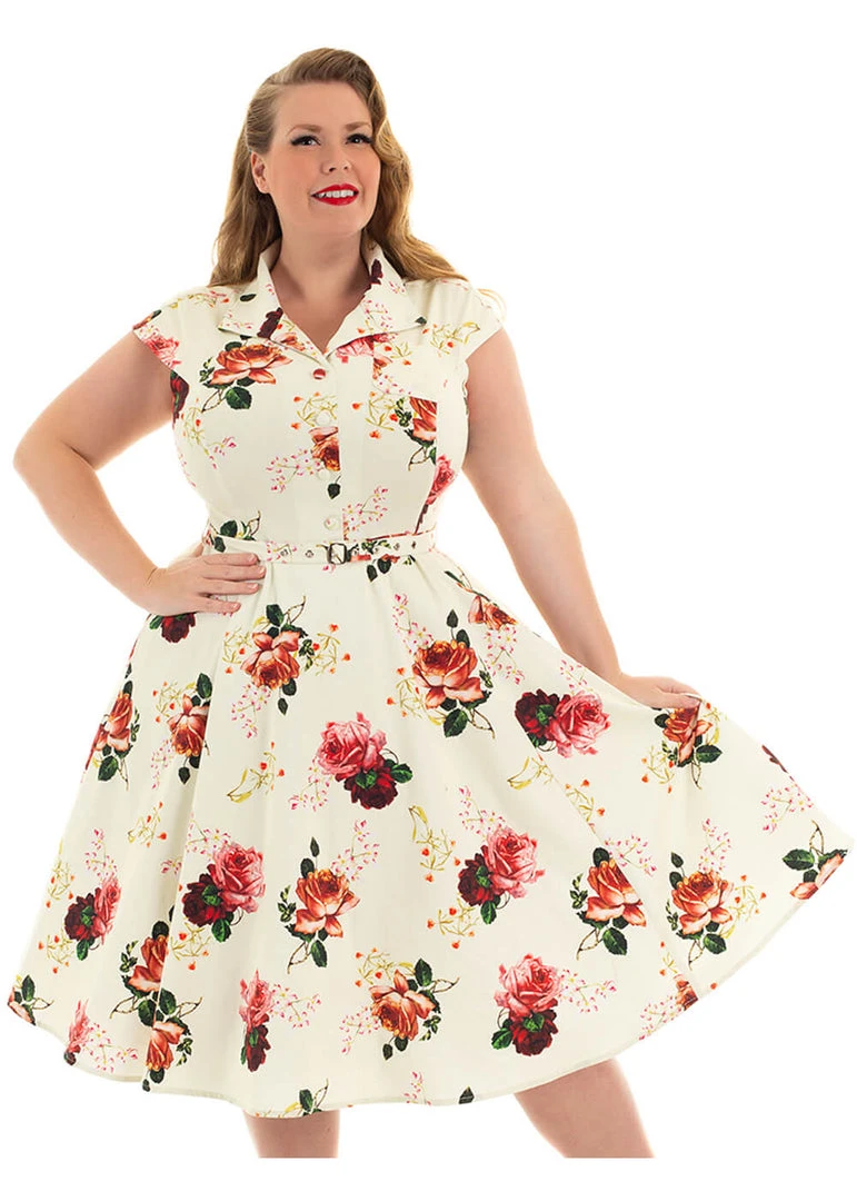 New In Hearts & Roses Delilah Floral 50's Swing Dress Cream