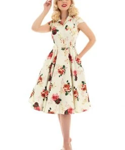 New In Hearts & Roses Delilah Floral 50's Swing Dress Cream