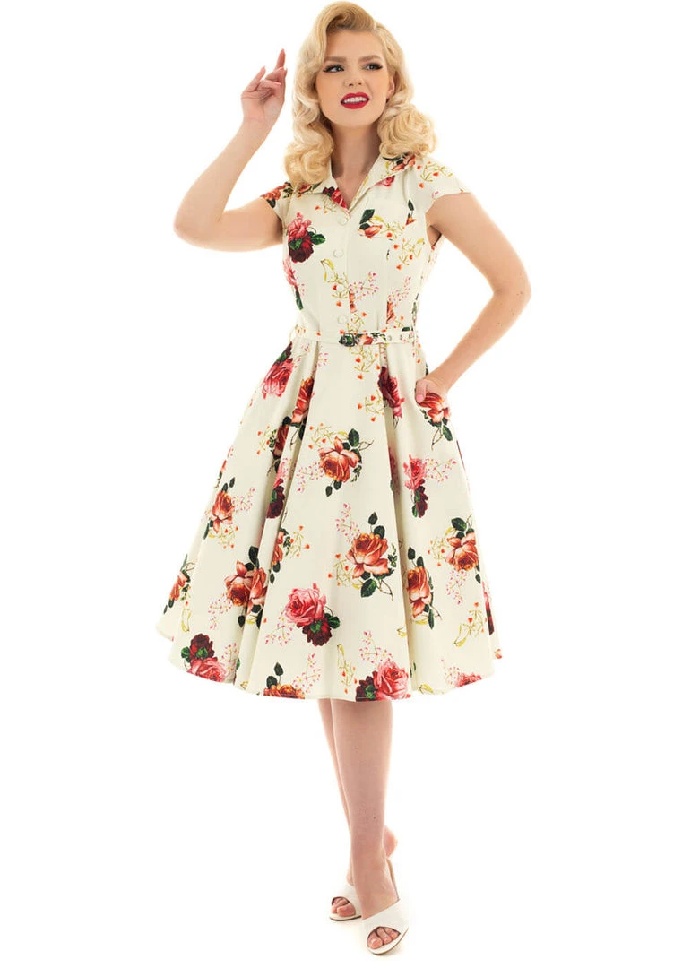 New In Hearts & Roses Delilah Floral 50's Swing Dress Cream