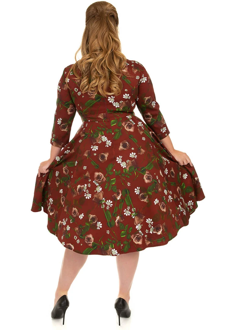 New In Hearts & Roses Francis Floral 50's Swing Dress Burgundy