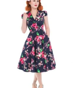 Hearts & Roses Midnight Garden 50's Swing Dress Navy