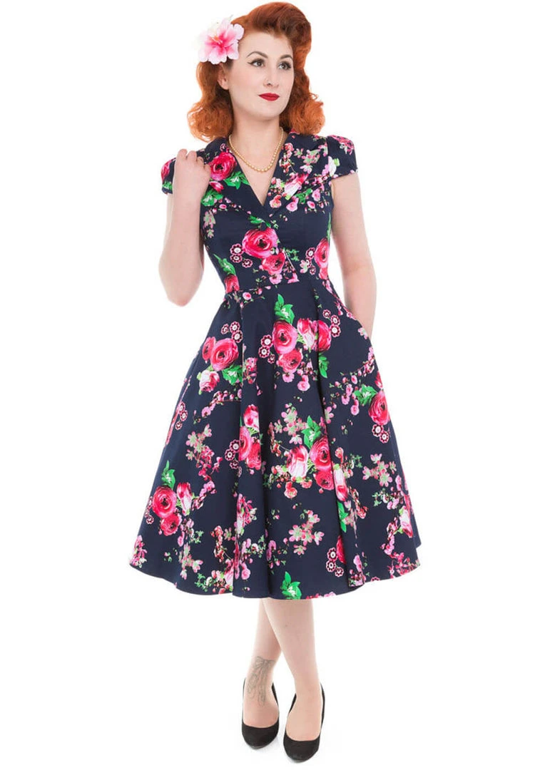 Hearts & Roses Midnight Garden 50's Swing Dress Navy