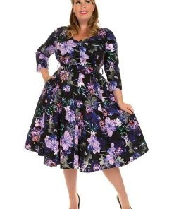 New In Hearts & Roses Faye Floral 50's Swing Dress Black Purple