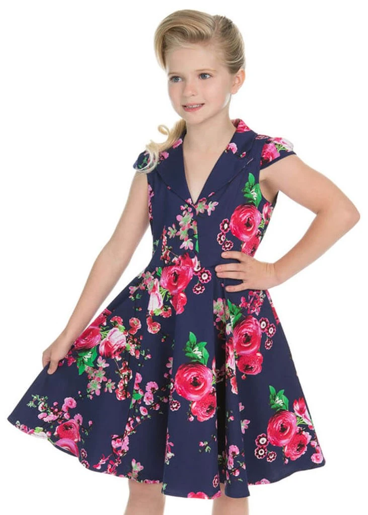 Hearts & Roses Kids Midnight Garden 50's Swing Dress Navy New In