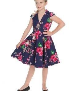 Hearts & Roses Kids Midnight Garden 50's Swing Dress Navy New In