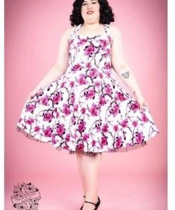 Hearts & Roses Pink Cherry Blossom 50's Swing Dress White