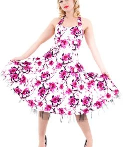 Hearts & Roses Pink Cherry Blossom 50's Swing Dress White