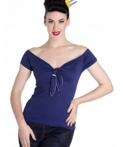 Hell Bunny Bardot 50's Top Navy Blue